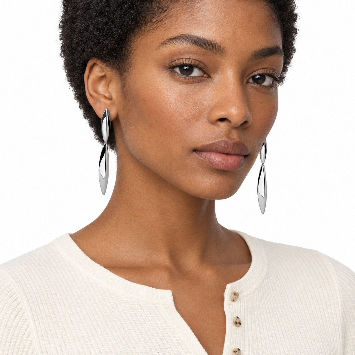 Aria Long Drop Earrings on model