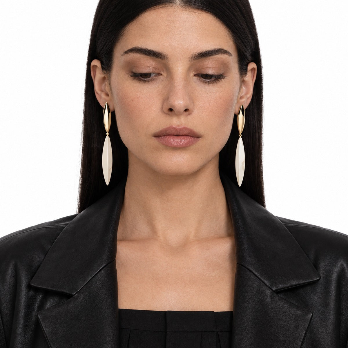 Aria Long Drop Earrings on model