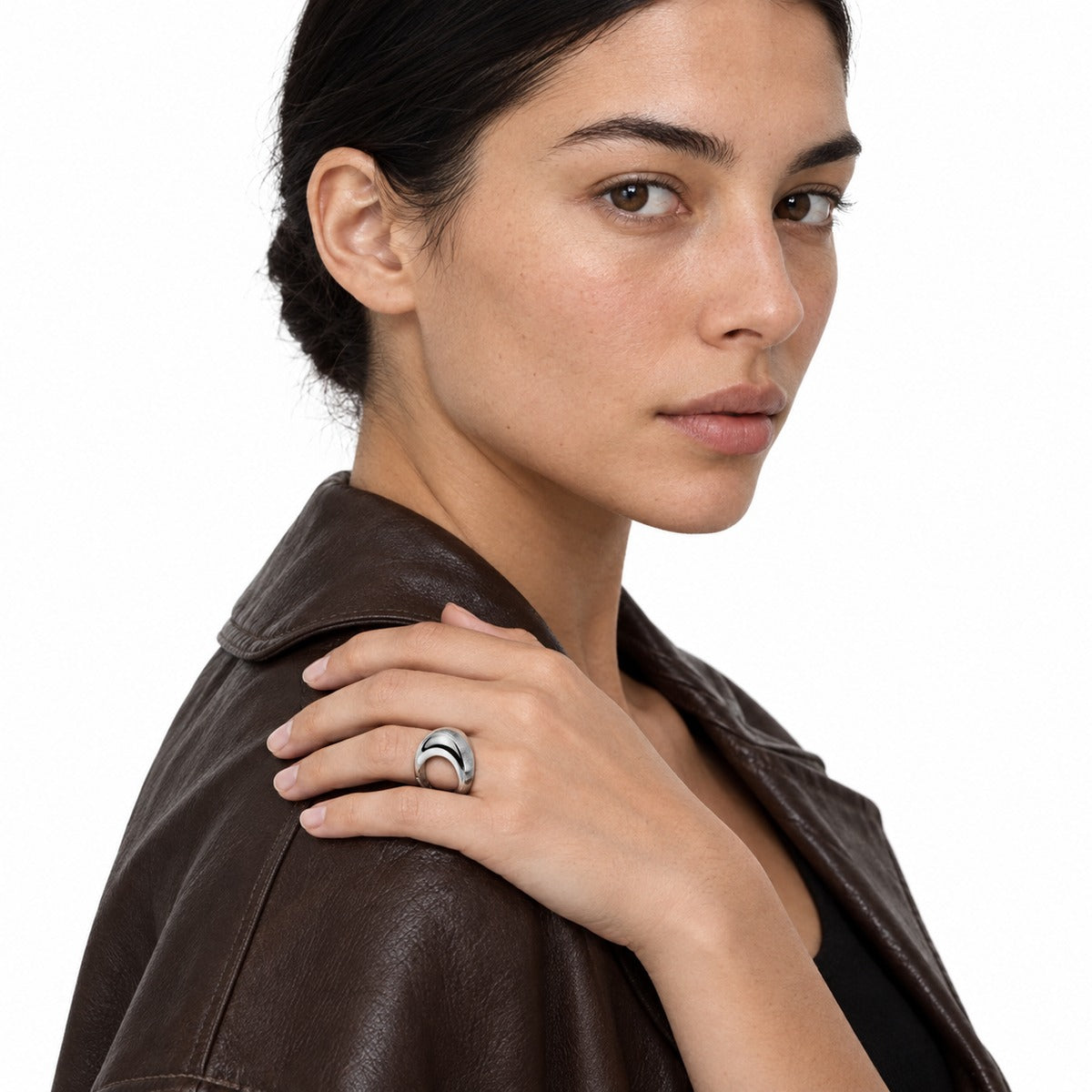 Bold Ribbed Dome Open Ring – Silver on model 1