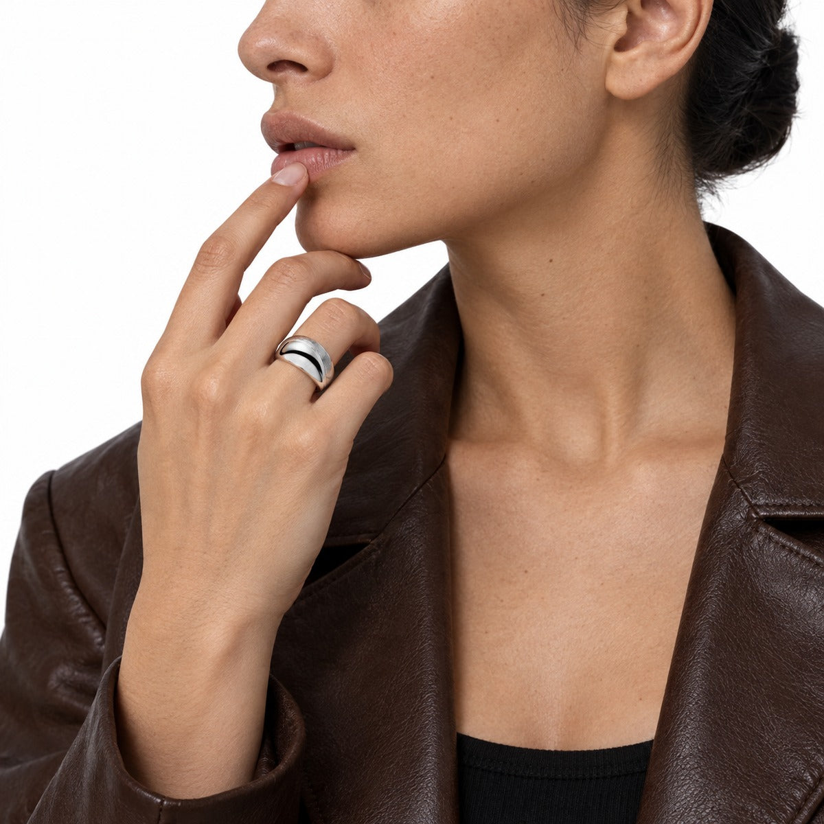 Bold Ribbed Dome Open Ring – Silver on model 2