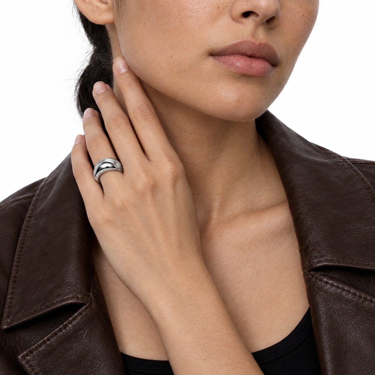 Bold Ribbed Dome Open Ring – Silver on model 3