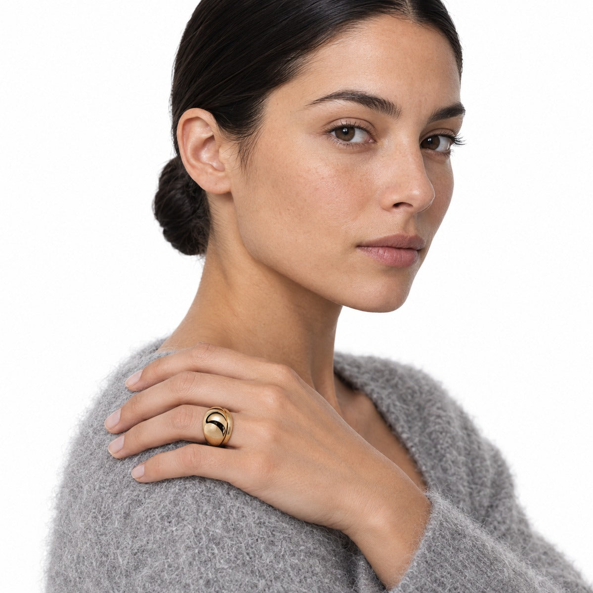 Bold Ribbed Dome Open Ring – Yellow Gold on model 1