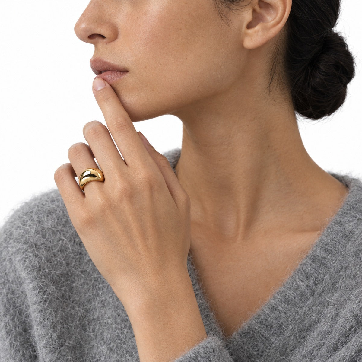 Bold Ribbed Dome Open Ring – Yellow Gold on model 2