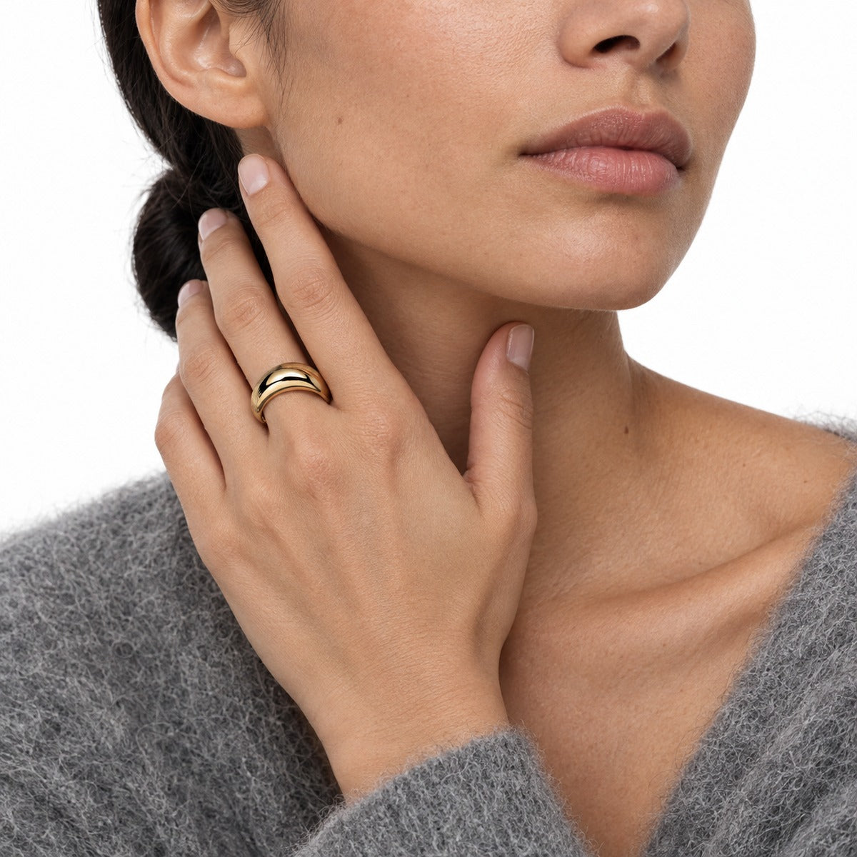 Bold Ribbed Dome Open Ring – Yellow Gold on model 3