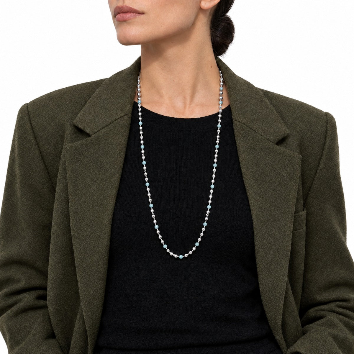 Bollicine Aqua Bead Long Necklace on model