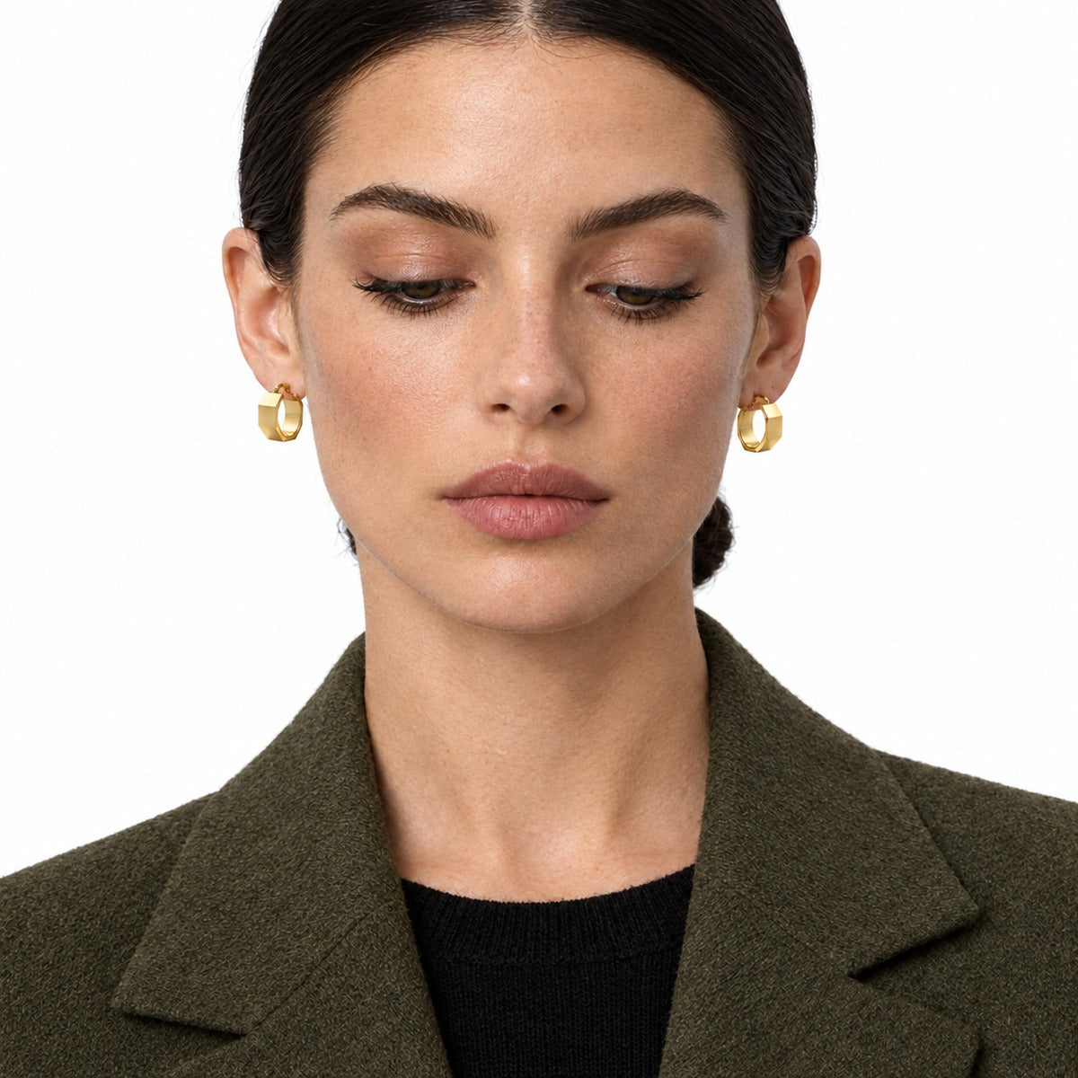 Classica Faceted Mini Hoops on model
