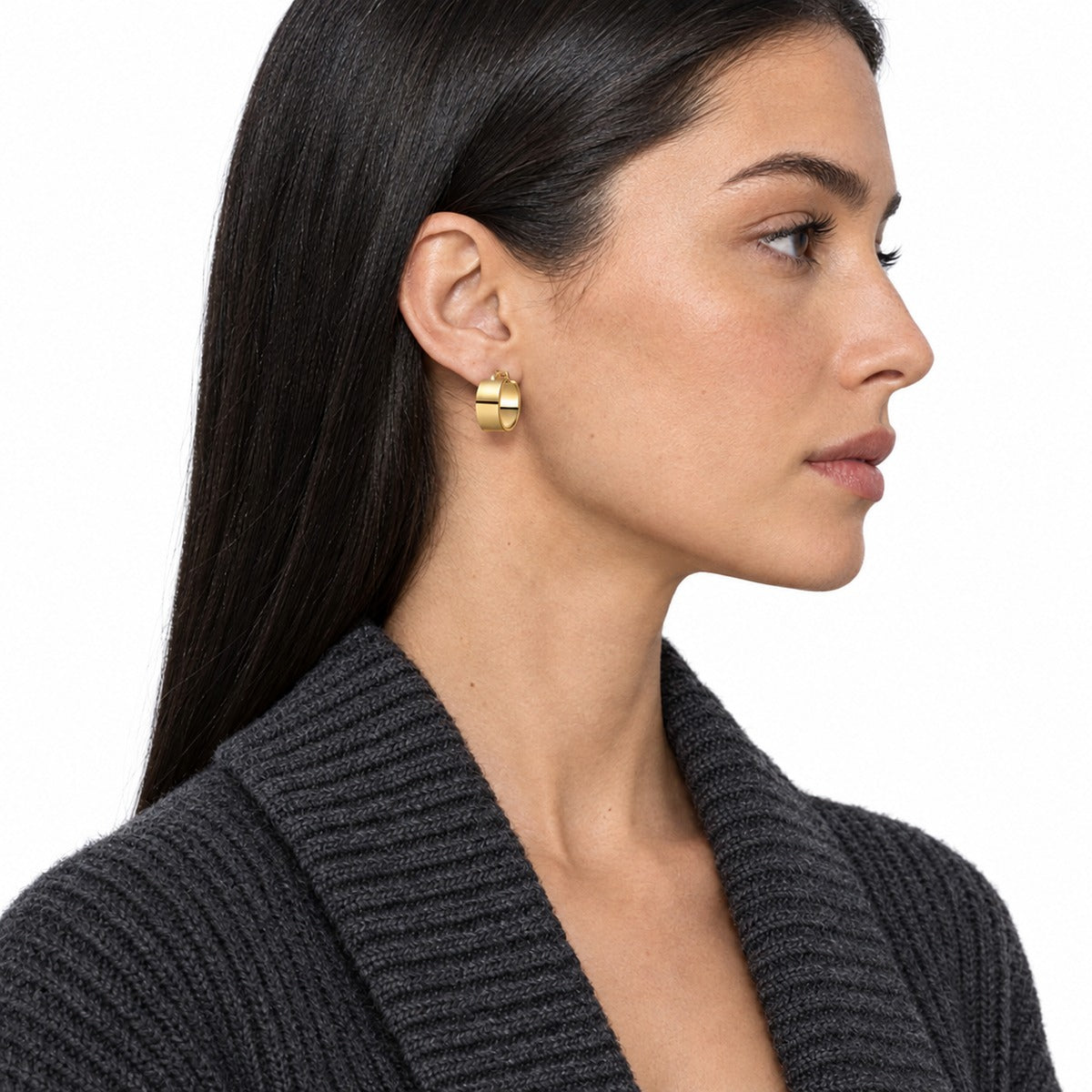 Classica Polished Mini Hoops on model