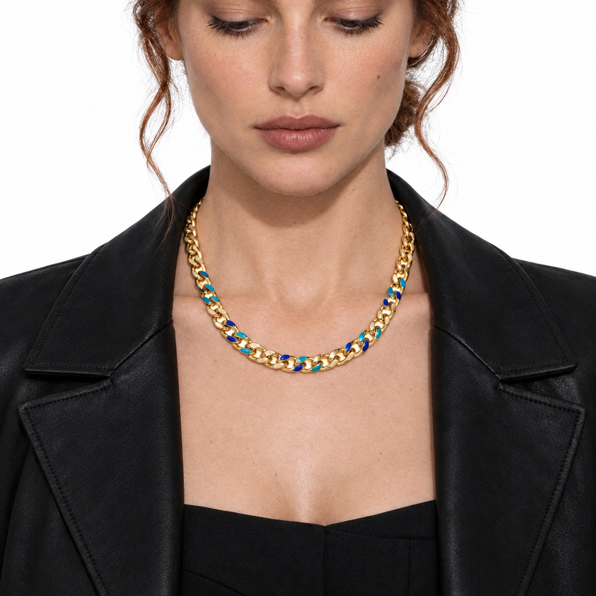 Classica Gourmette Necklace with Blue Enamel on model