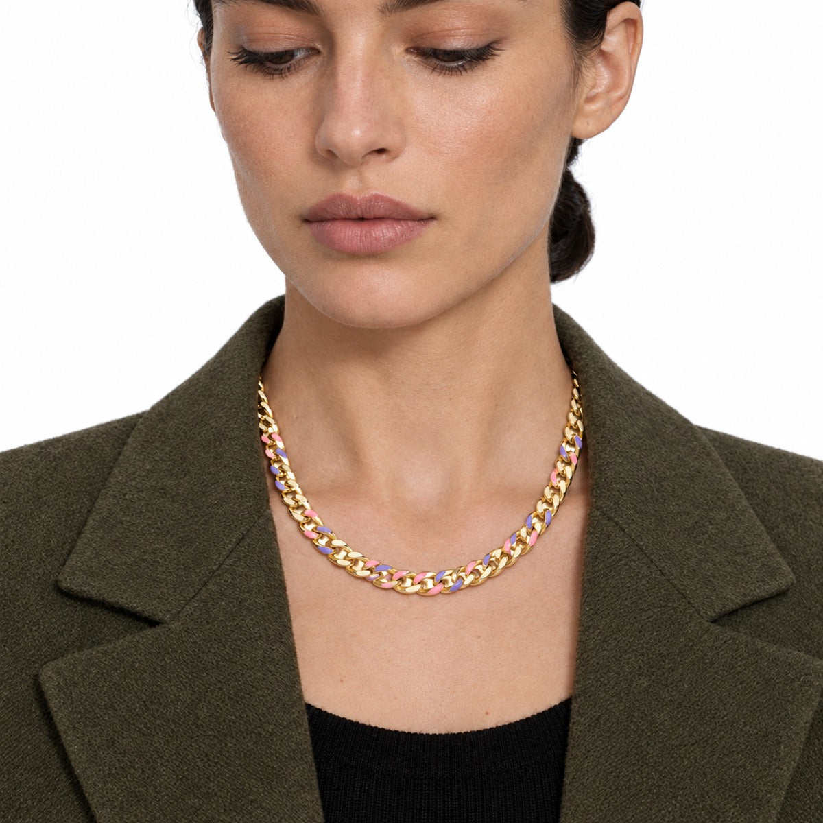 Classica Gourmette Necklace with Pink Enamel on model
