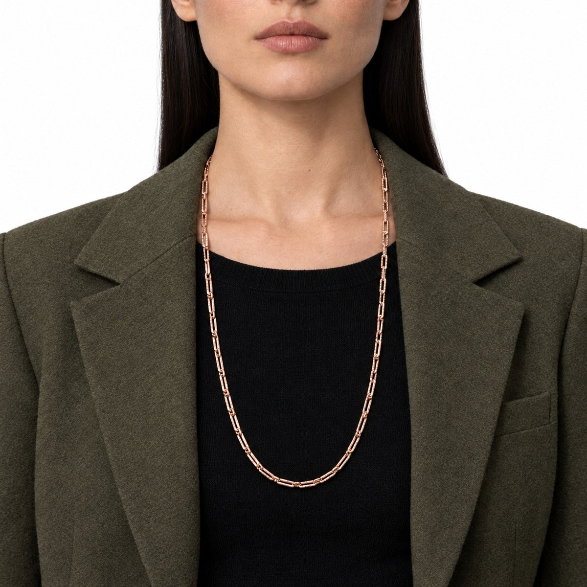 Classica Long Textured Paper Clip Necklace on model
