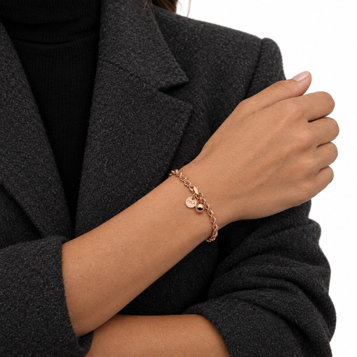 Classica Rope Chain Bracelet with Ball Charm – Rose Gold on model 2