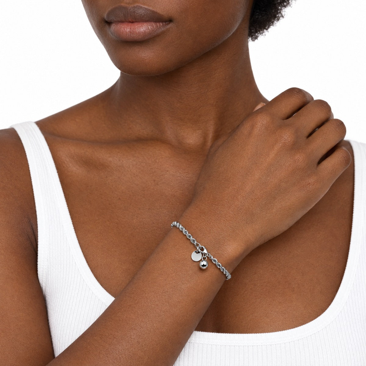Classica Rope Chain Bracelet with Ball Charm – Silver on model 3