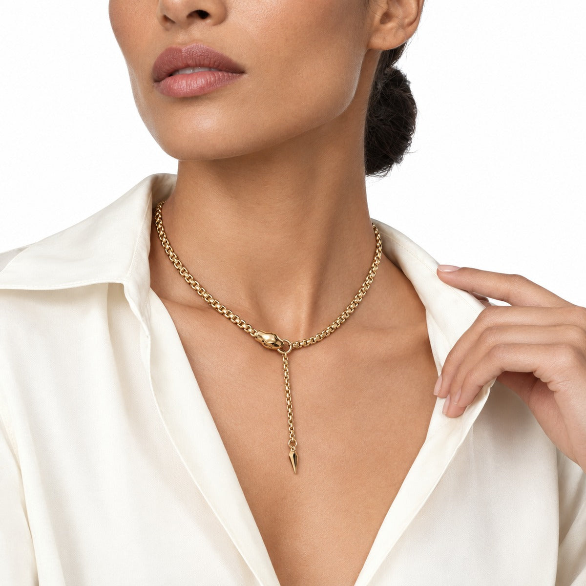 Classica Snake Head Lariat Necklace – Yellow Gold on model 2