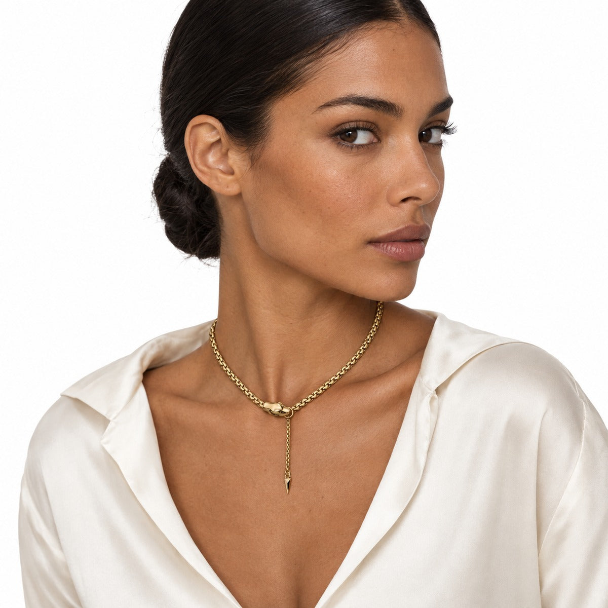 Classica Snake Head Lariat Necklace – Yellow Gold on model 3