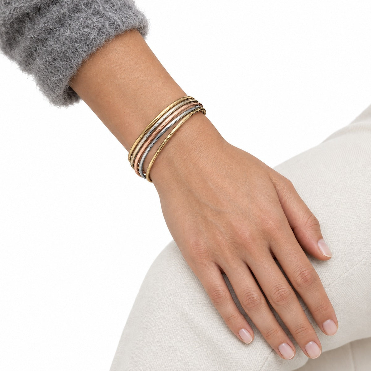 Classica Tri-Color Hammered Bangle Set on model