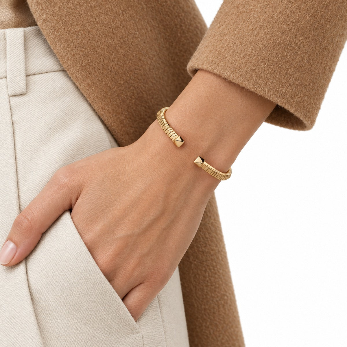 Luce Ribbed Open Cuff on model