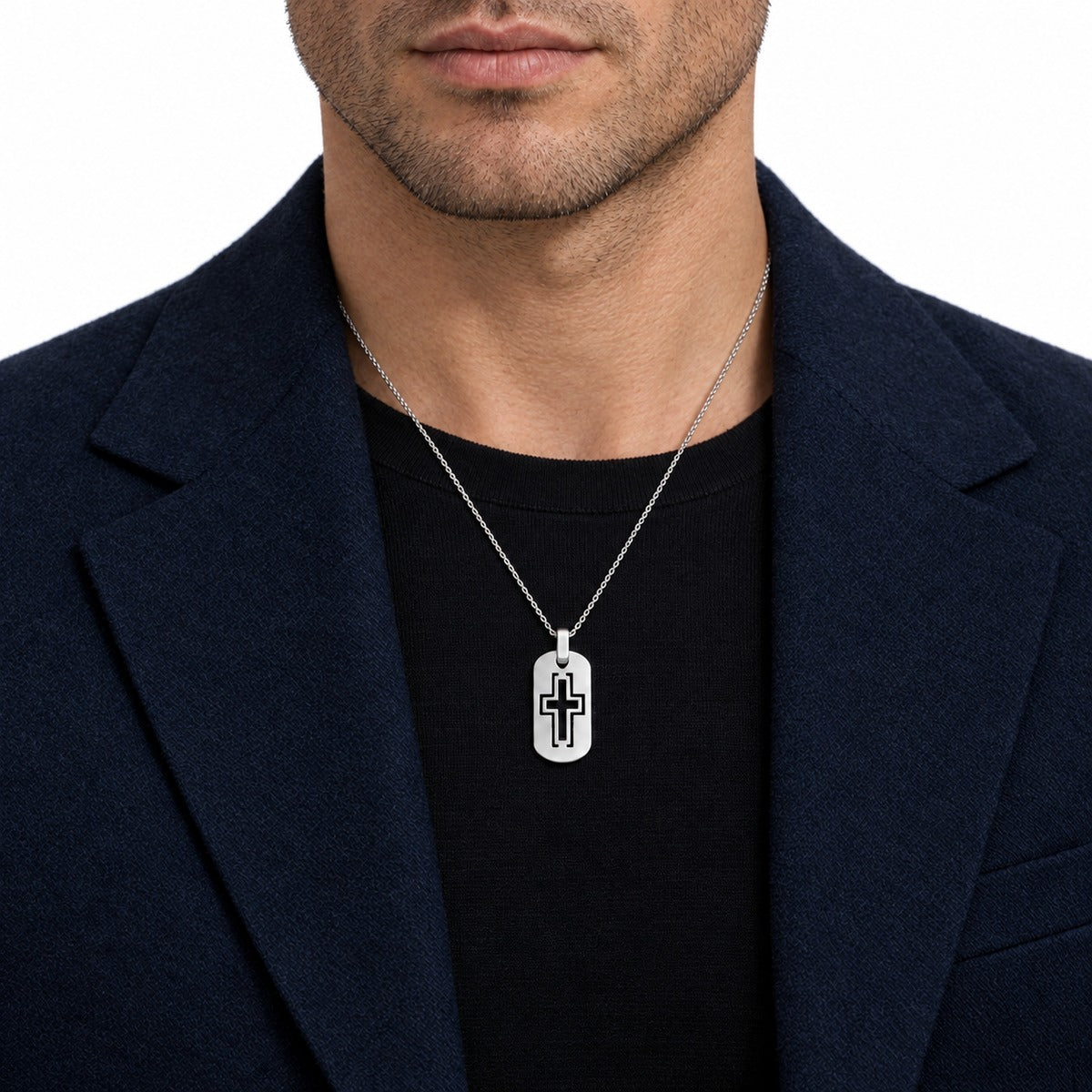Men's Cross Cut-Out Dog Tag Pendant on model