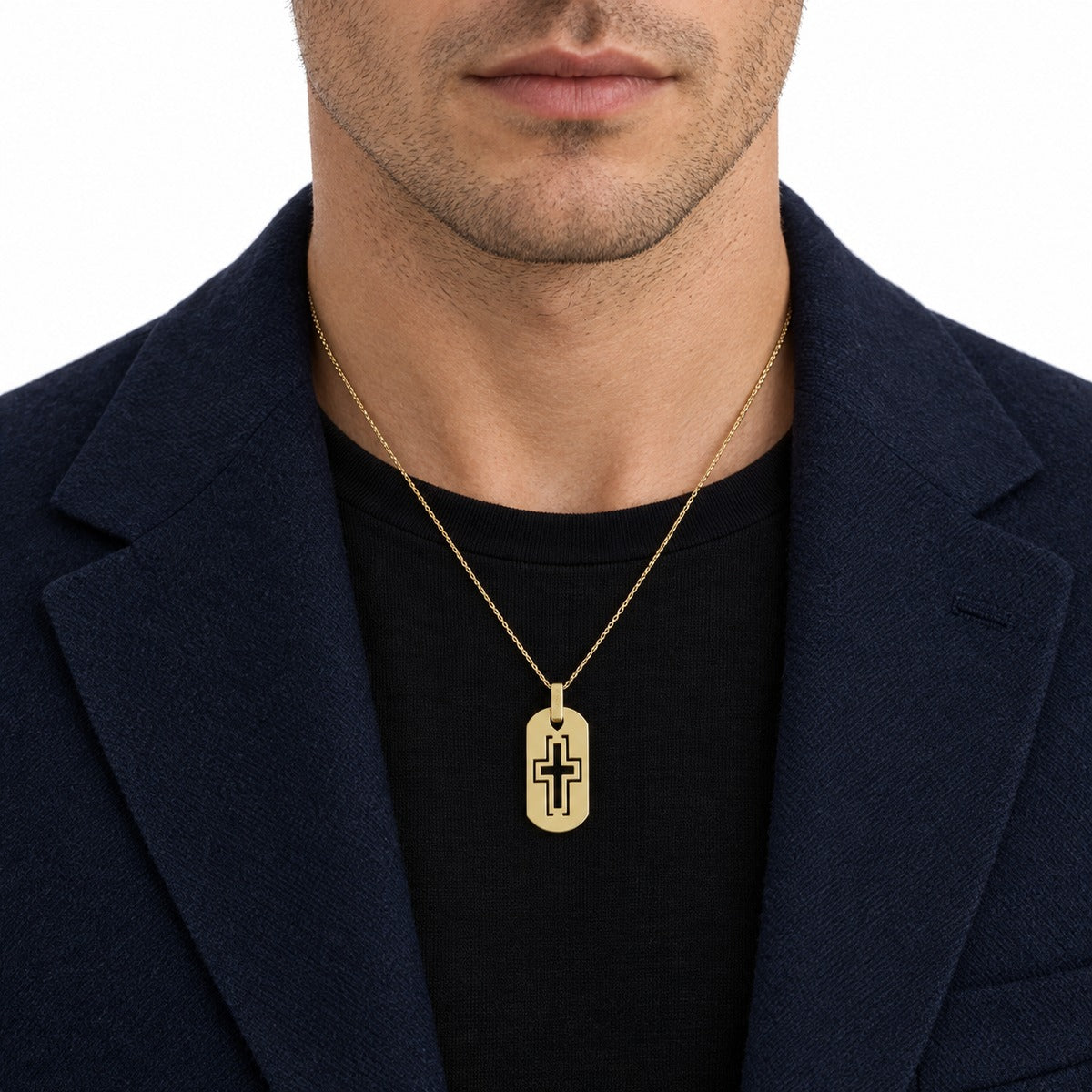 Men's Cross Cut-Out Dog Tag Pendant on model
