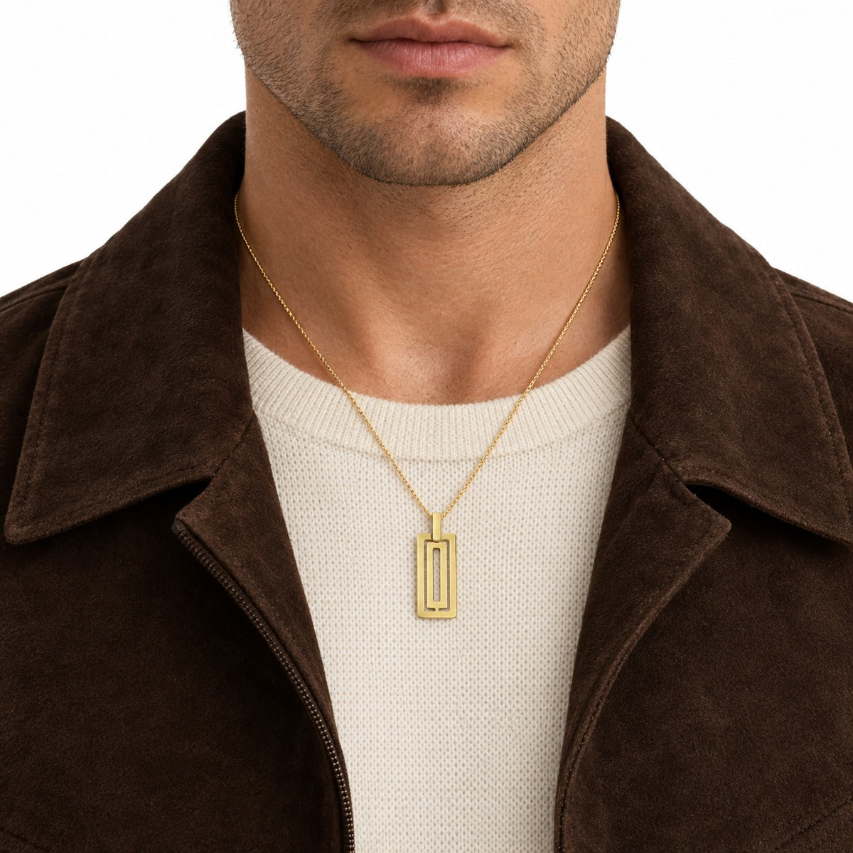 Men's Open Rectangle Pendant on model