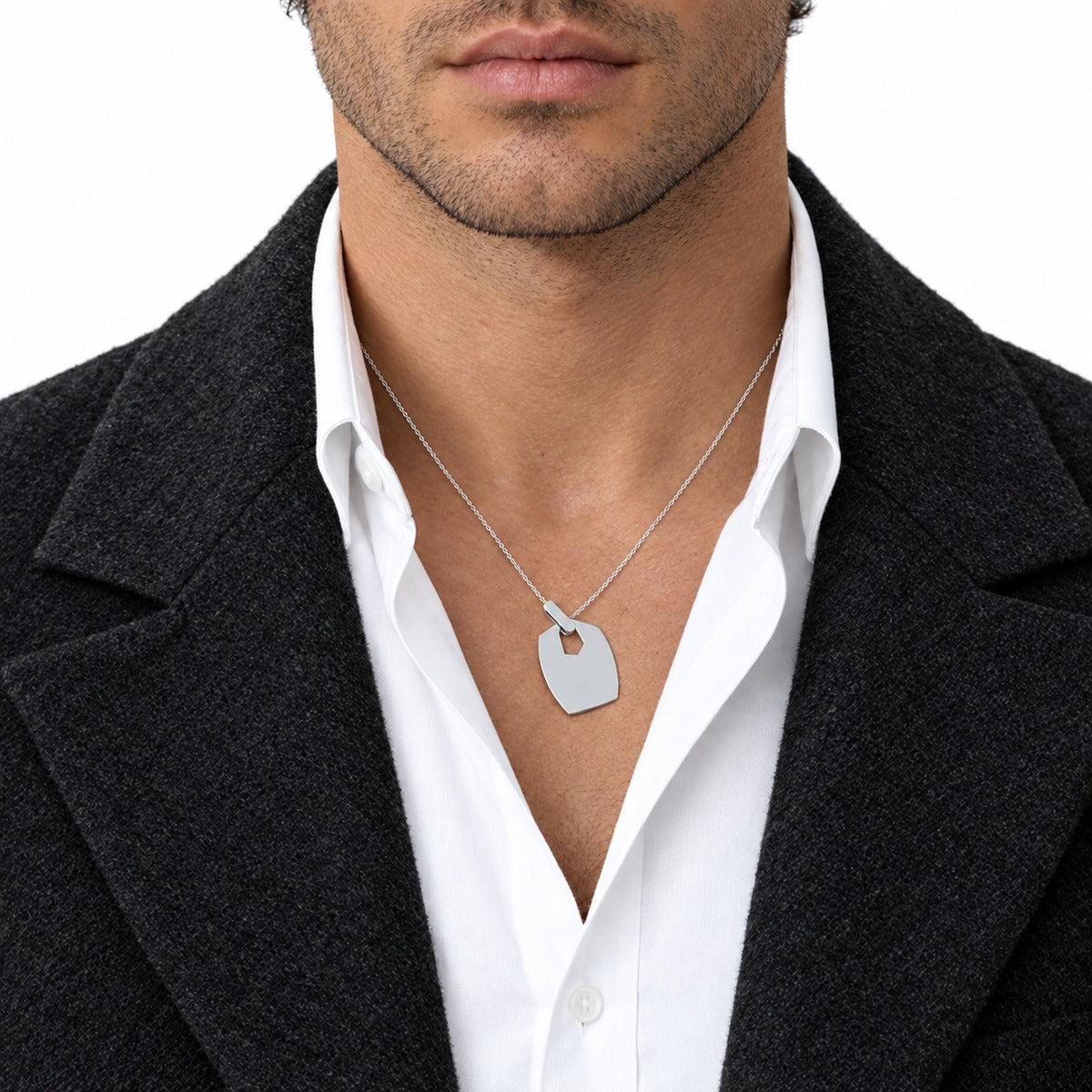 Men's Shield Cut-Out Pendant on model