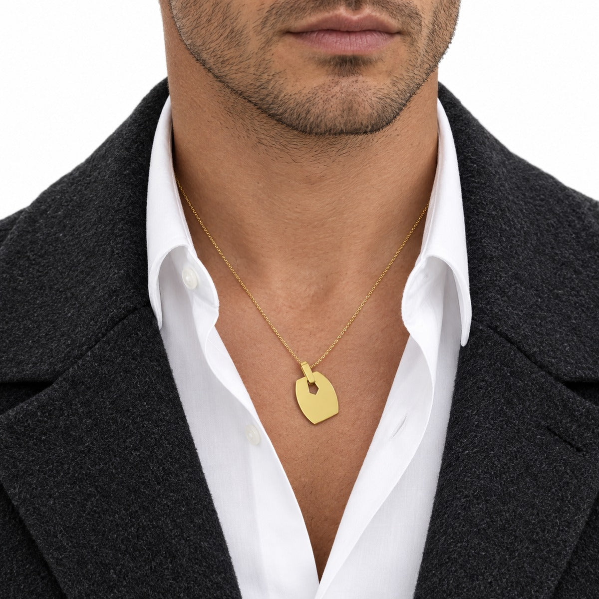 Men's Shield Cut-Out Pendant on model