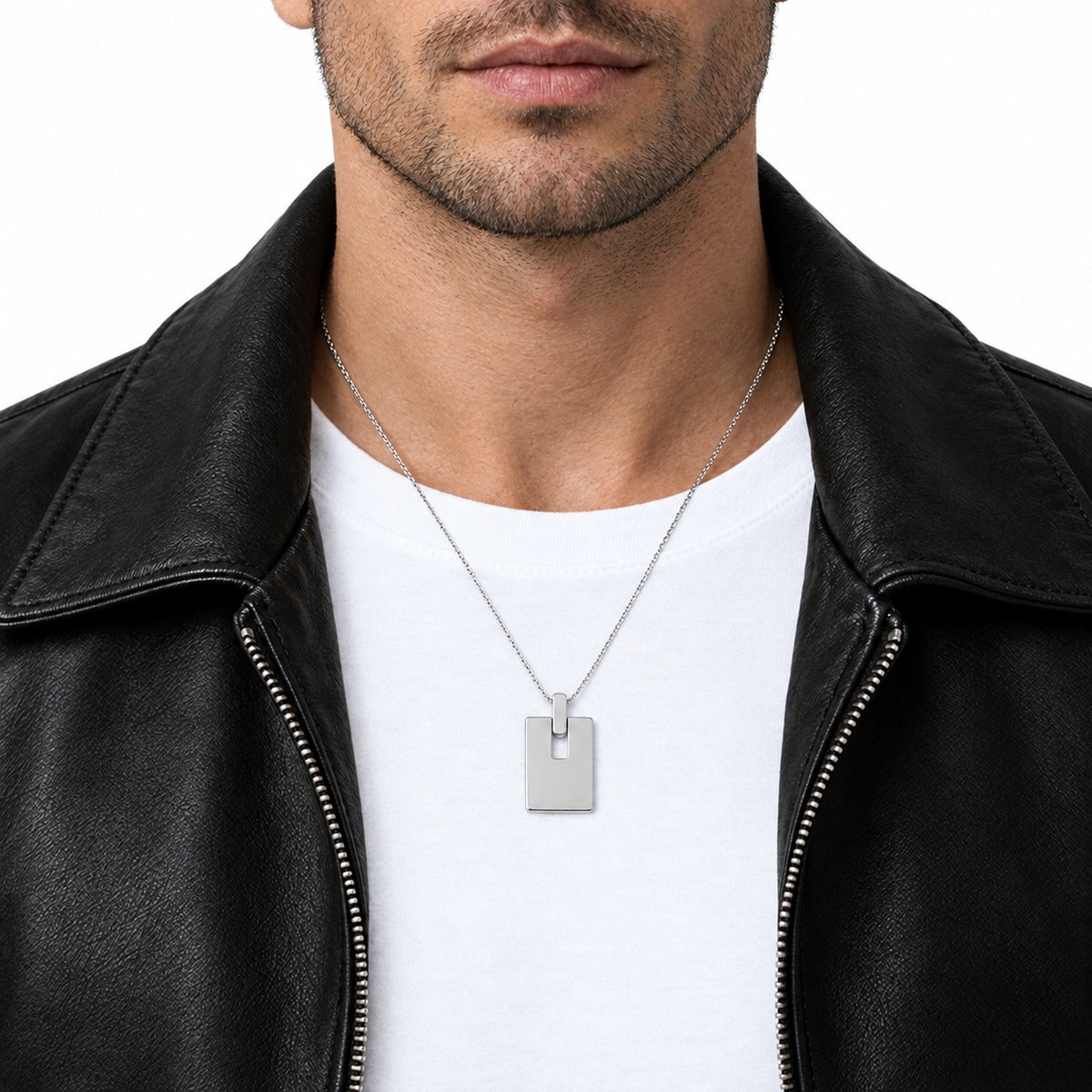 Men's Square Cut-Out Tag Pendant on model