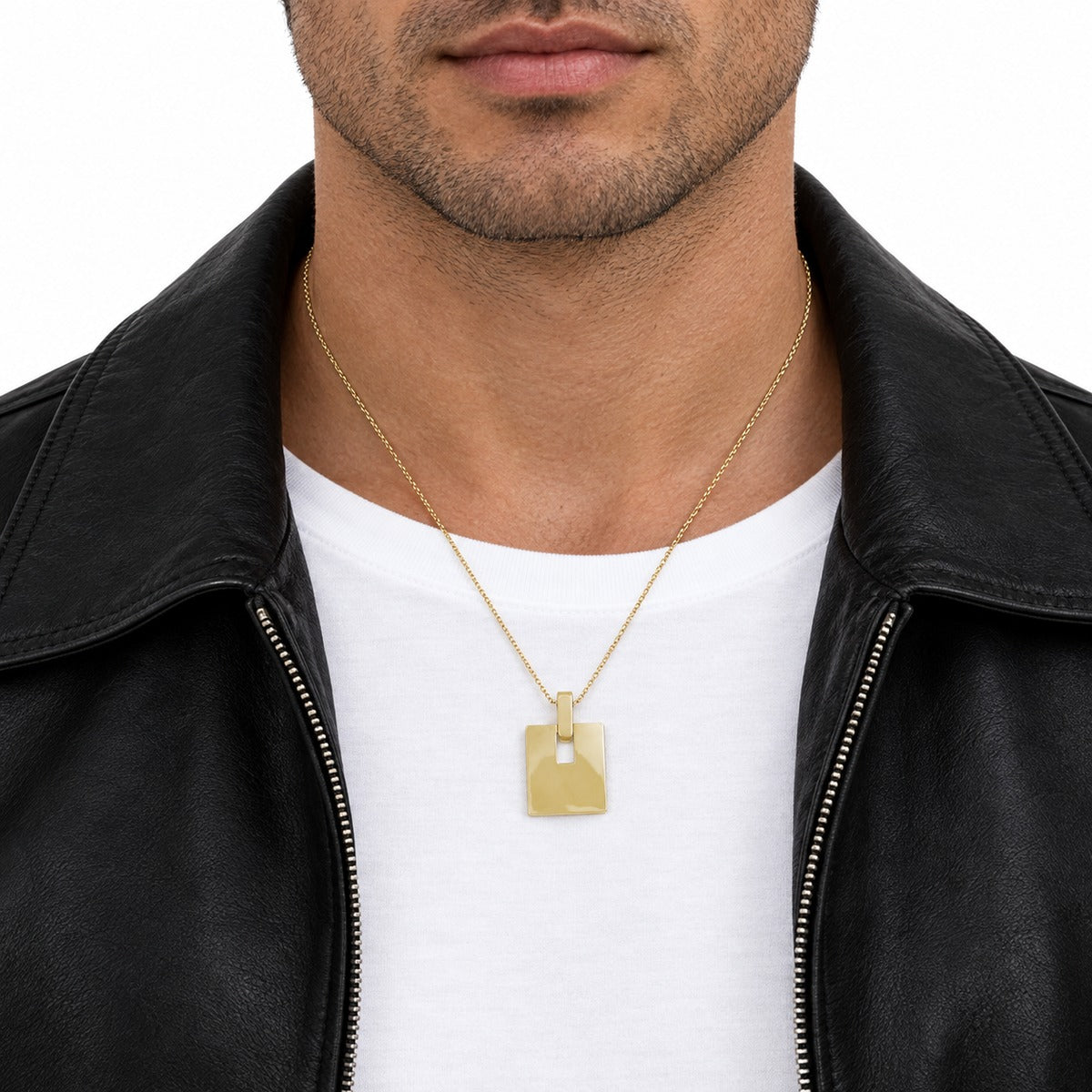 Men's Square Cut-Out Tag Pendant on model